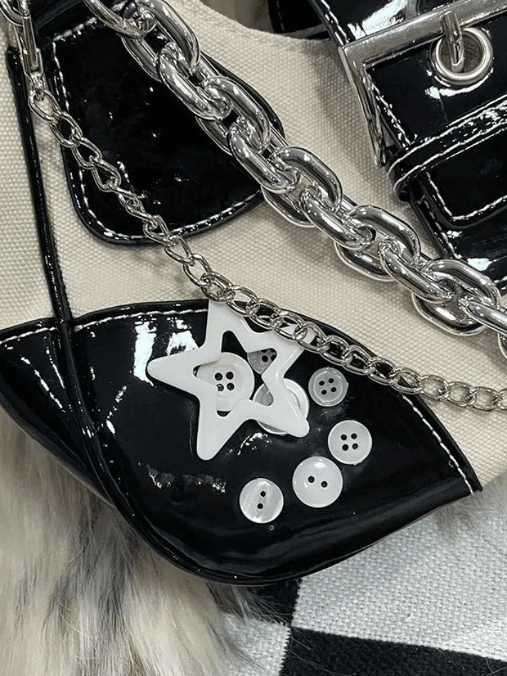 Star Chain Embellish Patchwork Buckled Shoulder Bag - AnotherChill