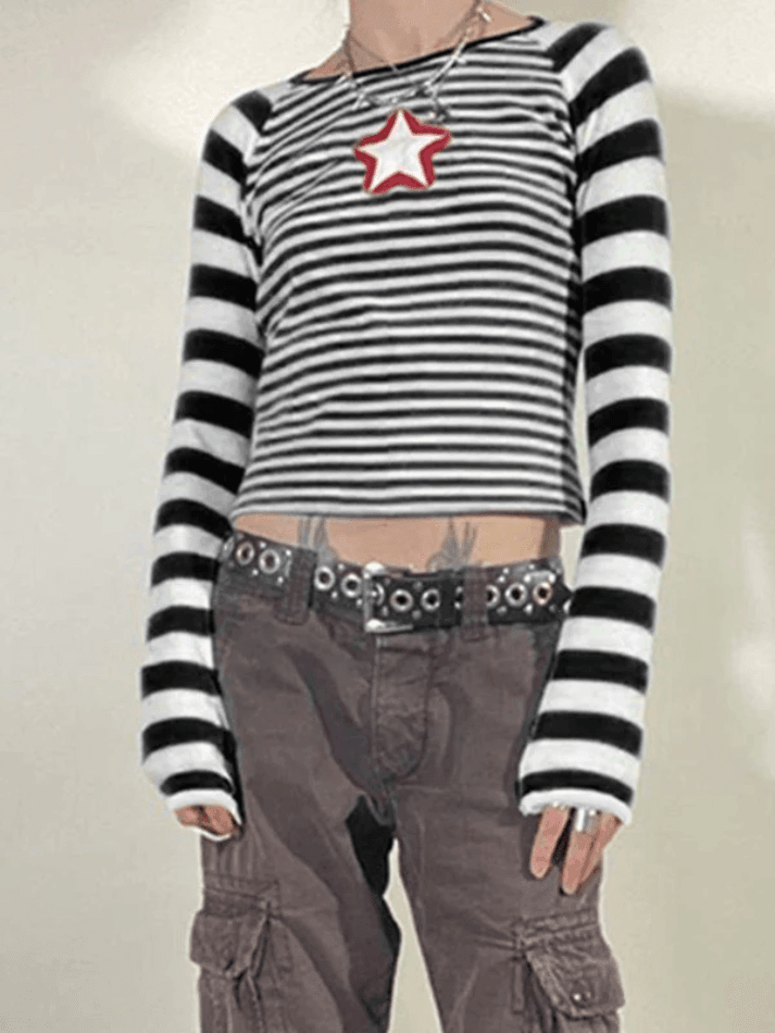 Star Embroidery Striped Long Sleeve Crop Top - AnotherChill