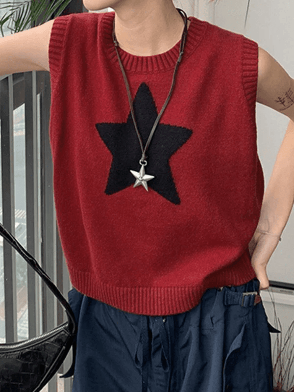 Star Jacquard Crew Neck Cropped Sweater Vest - AnotherChill