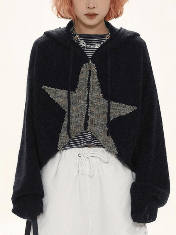 Star Jacquard Zip Up Hooded Knit Cardigan - AnotherChill