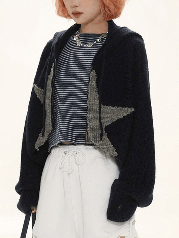 Star Jacquard Zip Up Hooded Knit Cardigan - AnotherChill