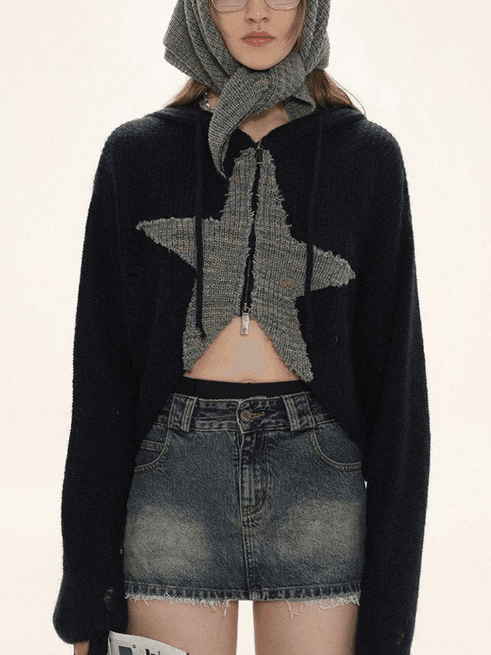 Star Jacquard Zip Up Hooded Knit Cardigan - AnotherChill