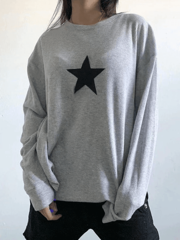 Star Print Long Sleeve Waffle Knit Top - AnotherChill