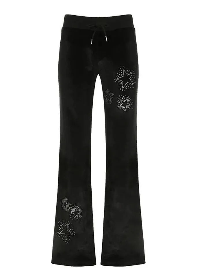 Star Rhinestone Low-Rise Tie Flared Pants - AnotherChill