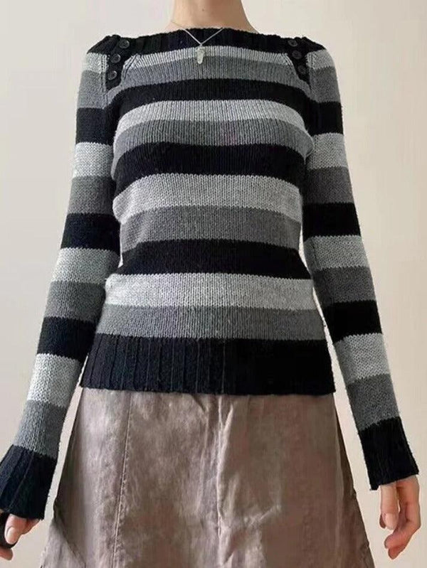 Stripe Button Decor Knit Sweater - AnotherChill