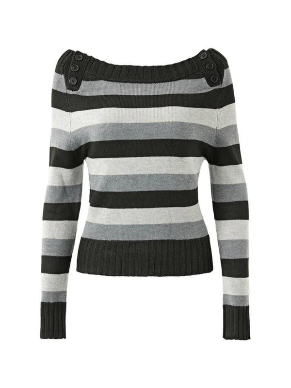 Stripe Button Decor Knit Sweater - AnotherChill