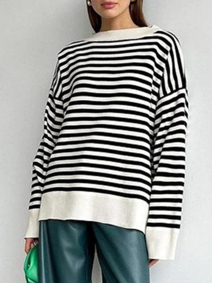 Stripe Drop Shoulder Slit Loose Sweater - AnotherChill