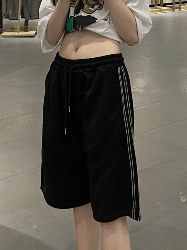Striped Baggy Black Sweat Shorts - AnotherChill