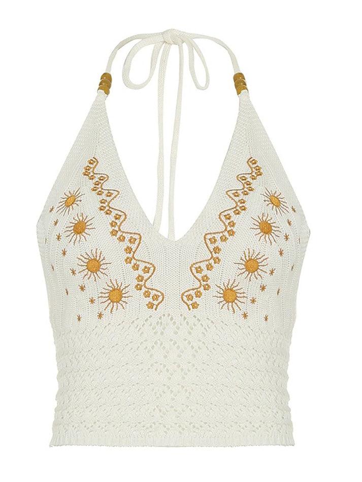 Sun Embroidery Halter Tie Backless Tank Top - AnotherChill