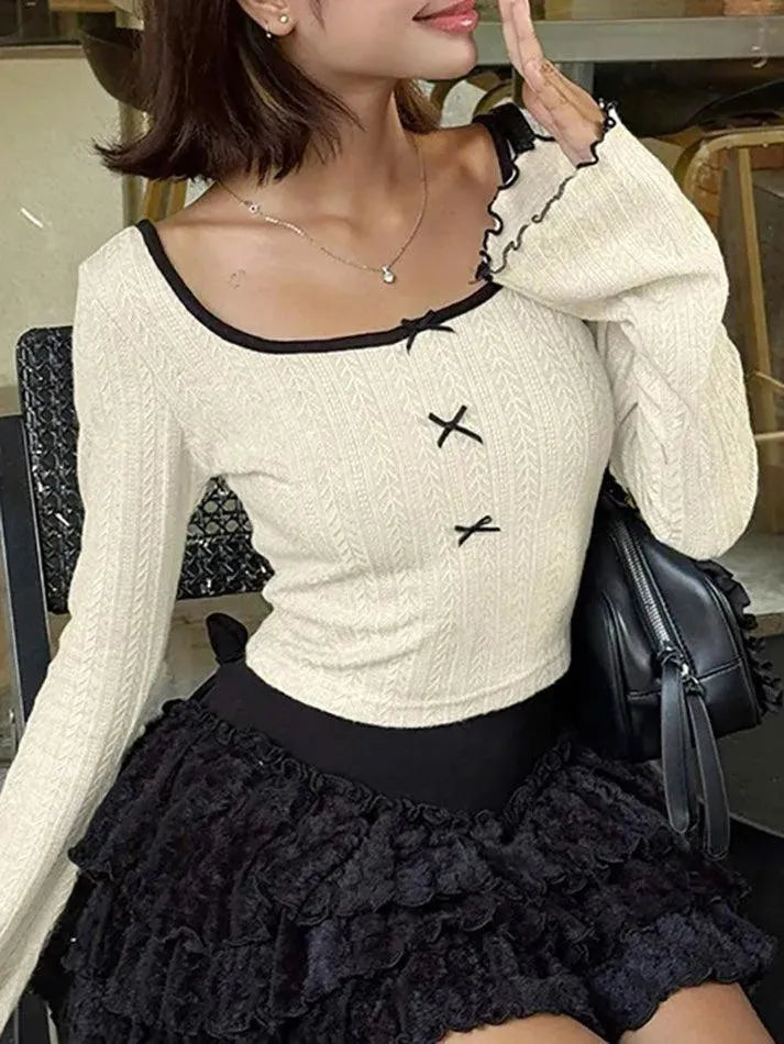 Textured Bow Bell Sleeve Top - AnotherChill