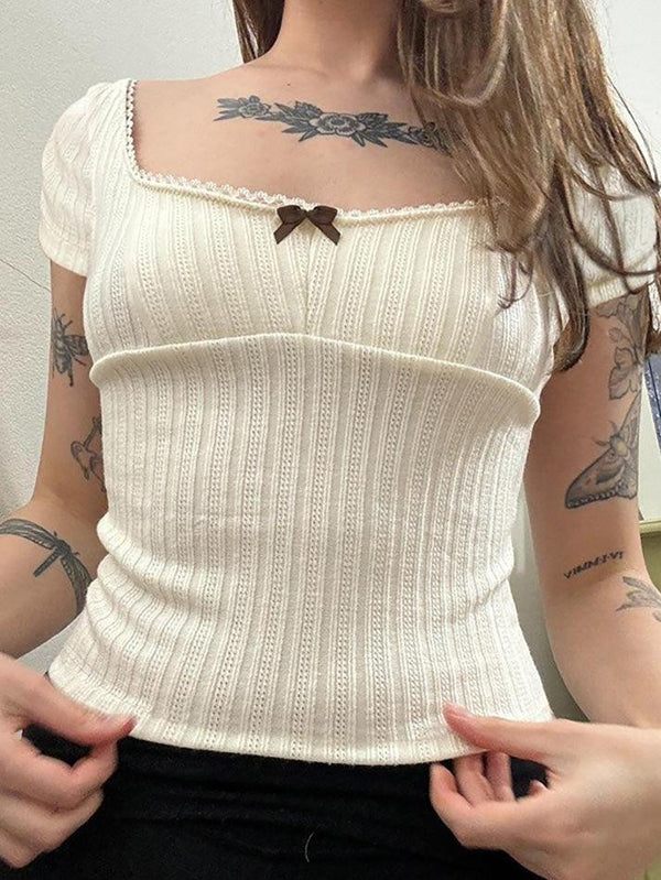 Textured Bow Square Neck Crop Top - AnotherChill