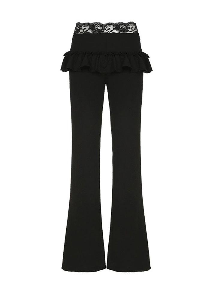 Textured Lace Panel Ruffle Flared Pants - AnotherChill