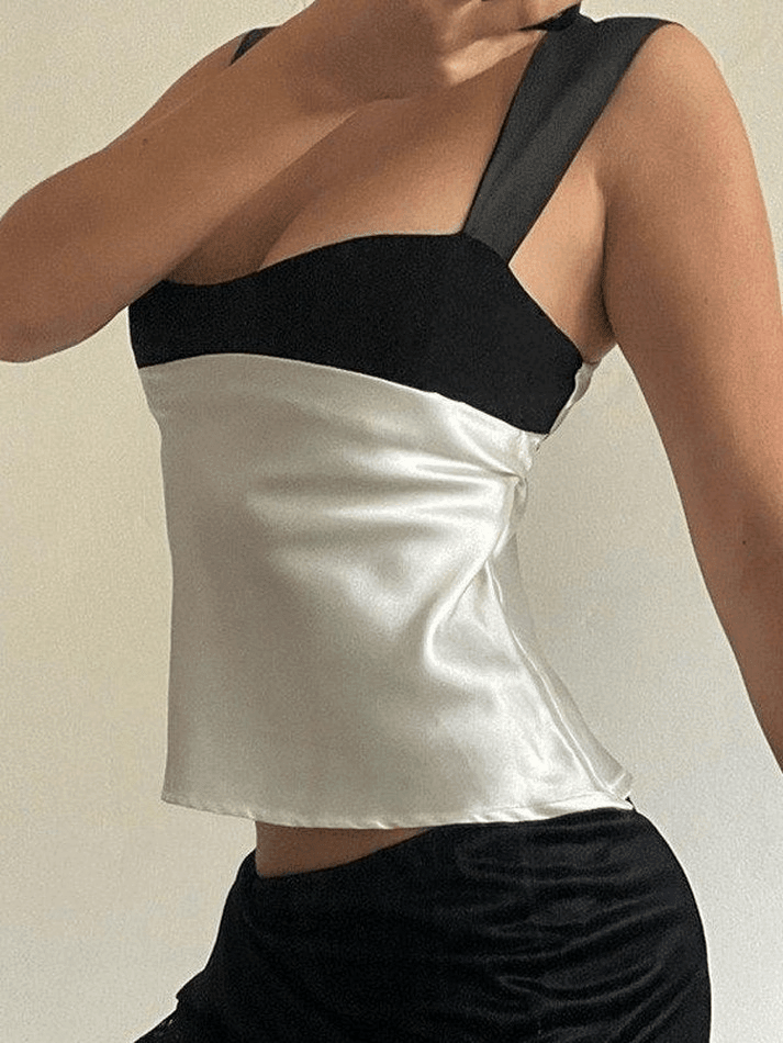 Tie Back Patchwork Satin Tank Top - AnotherChill