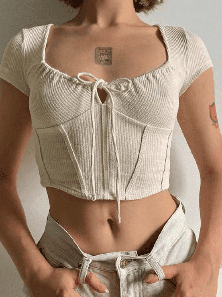 Tie Front Corset Ribbed Crop Top - AnotherChill