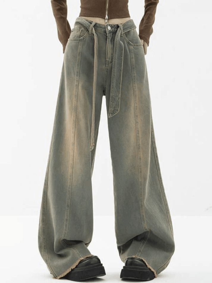 Tie Strap Seam Detail Boyfriend Jeans - AnotherChill