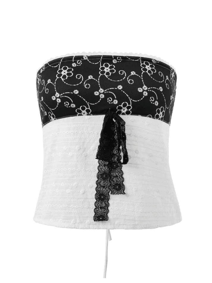 Tie Up Lace Patchwork Bandeau Top - AnotherChill