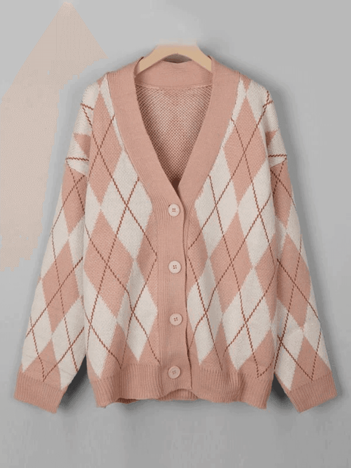 V Neck Argyle Pattern Knit Cardigan - AnotherChill