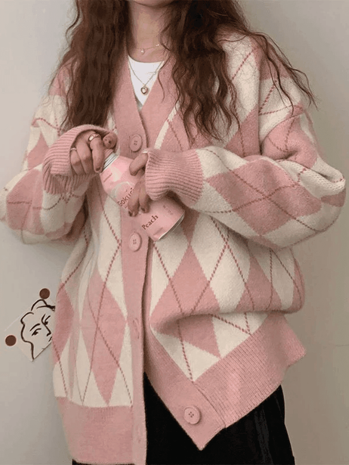 V Neck Argyle Pattern Knit Cardigan - AnotherChill