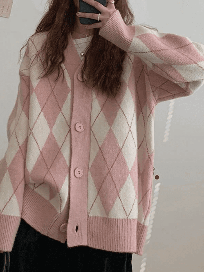 V Neck Argyle Pattern Knit Cardigan - AnotherChill