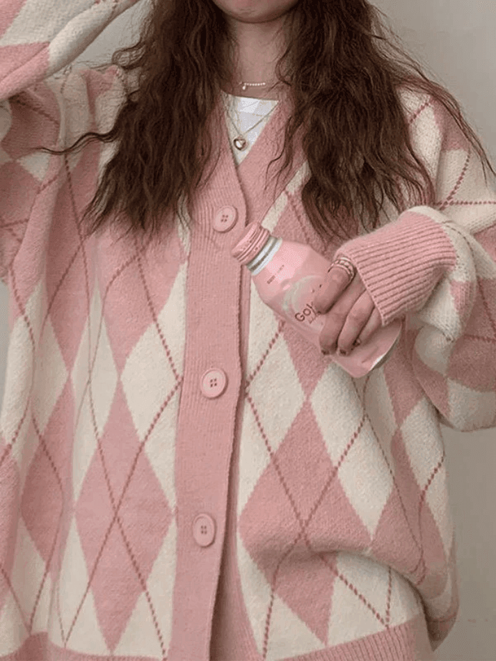 V Neck Argyle Pattern Knit Cardigan - AnotherChill