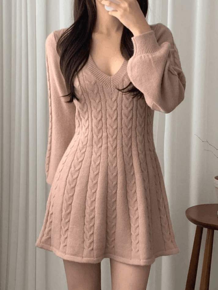 V Neck Cable Knit Long Sleeve Mini Dress - AnotherChill