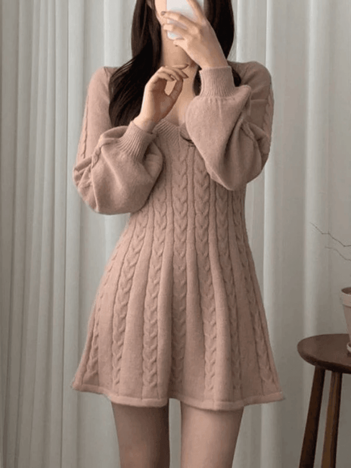 V Neck Cable Knit Long Sleeve Mini Dress - AnotherChill