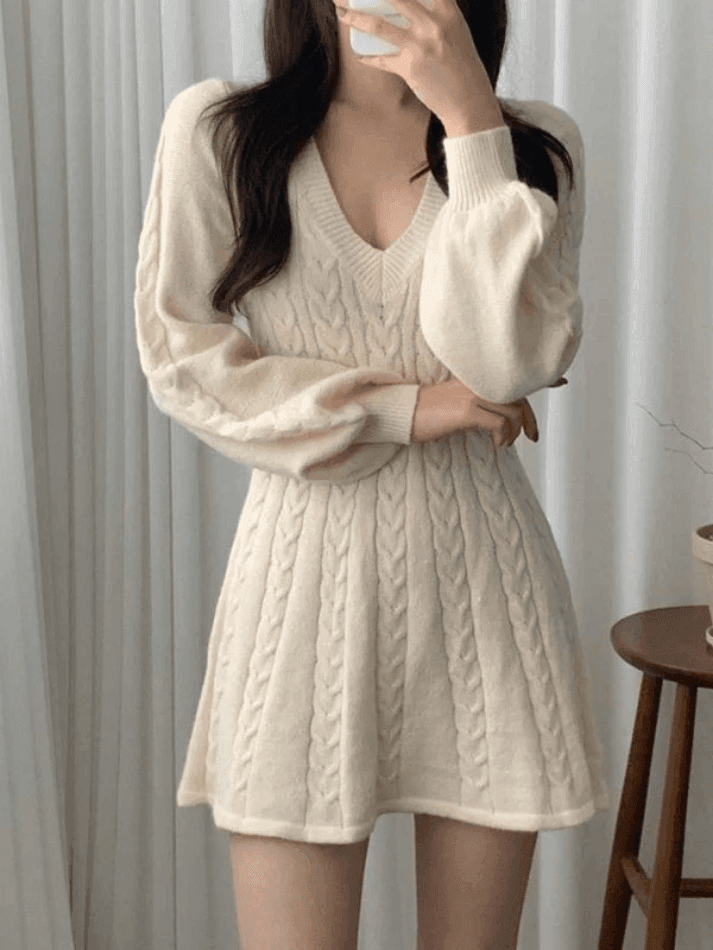 V Neck Cable Knit Long Sleeve Mini Dress - AnotherChill