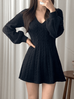 V Neck Cable Knit Long Sleeve Mini Dress - AnotherChill