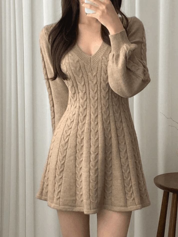 V Neck Cable Knit Long Sleeve Mini Dress - AnotherChill