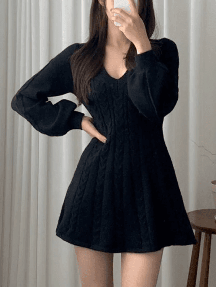 V Neck Cable Knit Long Sleeve Mini Dress - AnotherChill