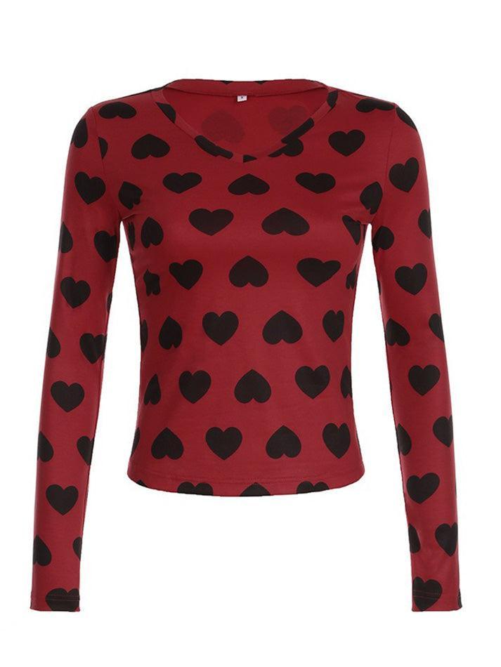 V-Neck Love Print Slim Long Sleeve Top - AnotherChill