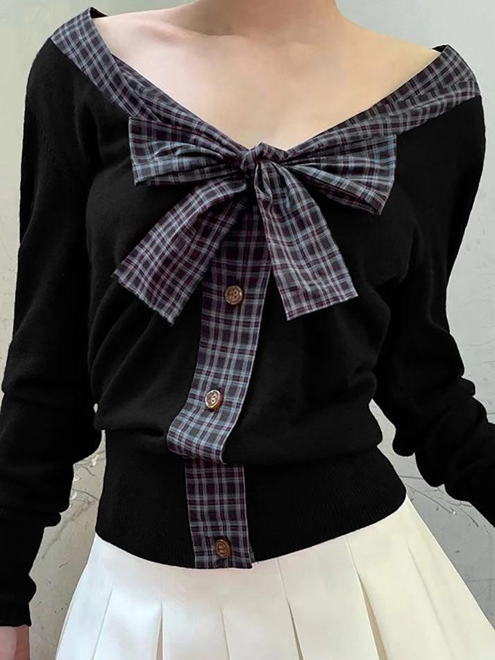 V-Neck Plaid Tie Bow Contrast Long Sleeve Top - AnotherChill