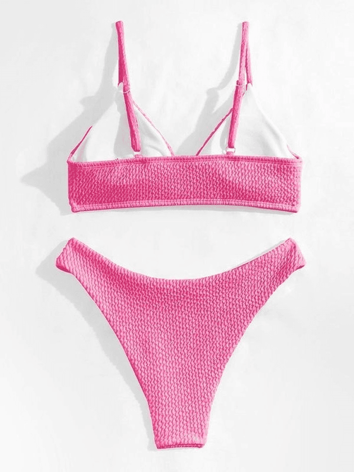 V Neck Solid Smocked Bikini Set - AnotherChill