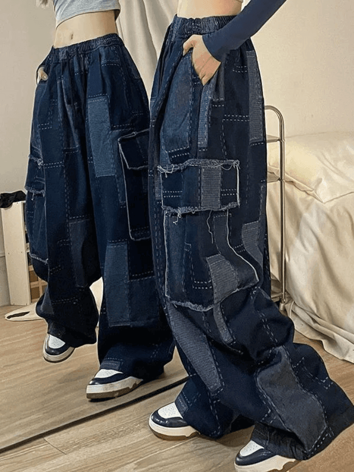 Vintage Blue Checkered Baggy Cargo Jeans - AnotherChill