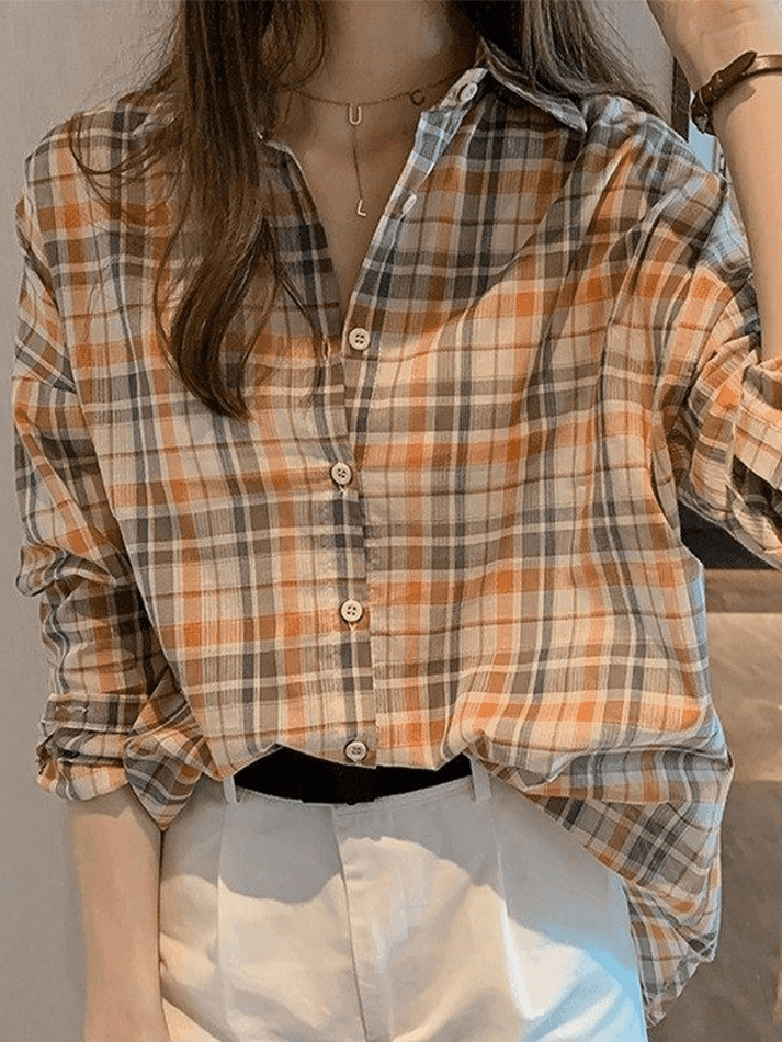 Vintage Checkered Long Sleeve Button Blouse - AnotherChill