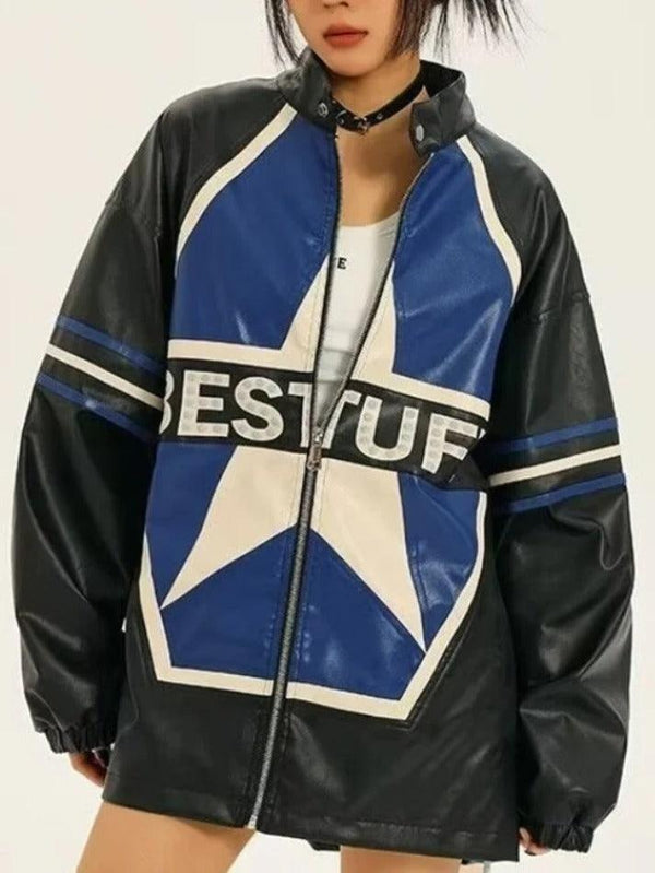 Vintage Contrast Color Star Leather Loose Jacket - AnotherChill