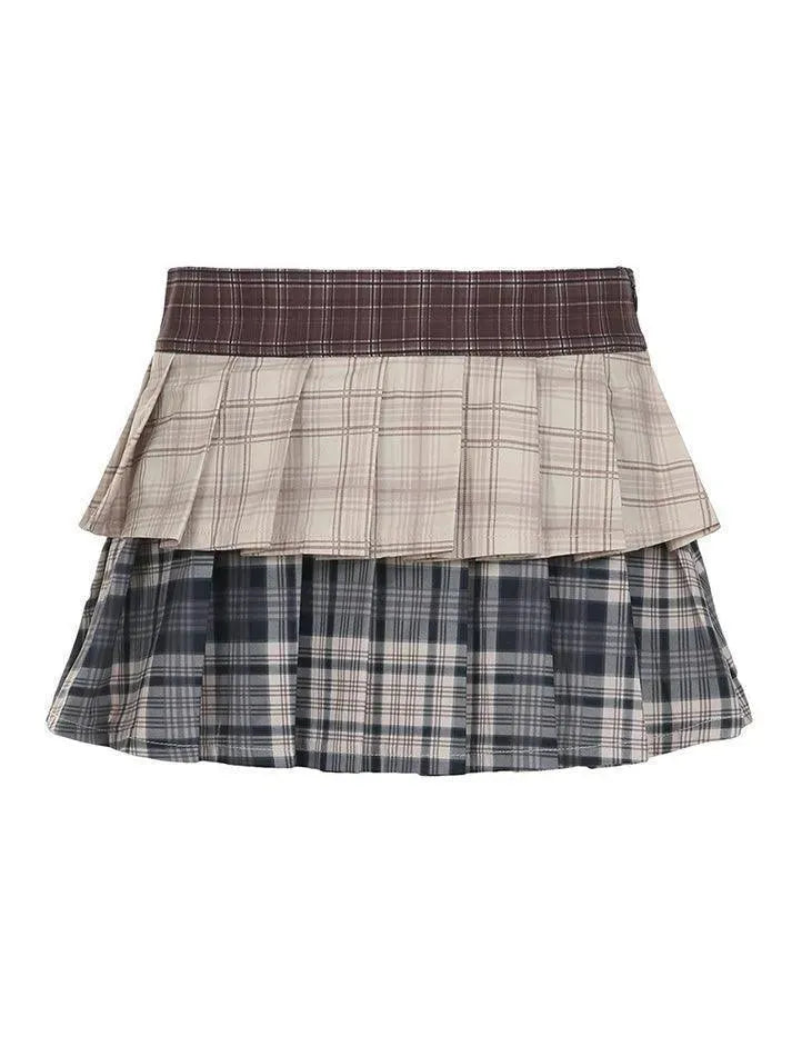 Vintage Contrast Plaid Double-Layer Pleated Skirt - AnotherChill