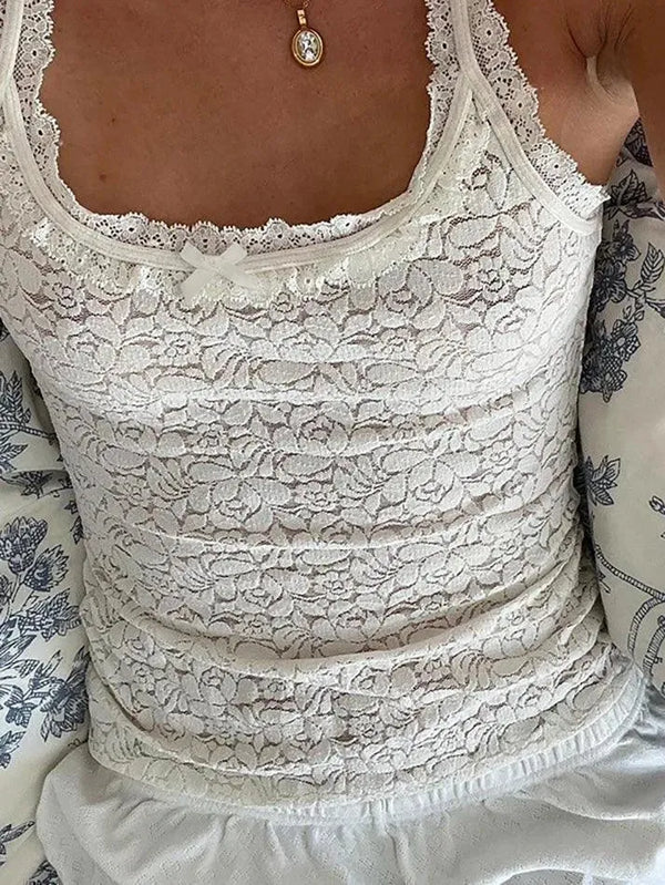 Vintage Lace Square Neck Bow Tank Top - AnotherChill