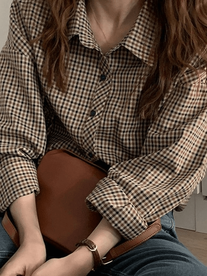 Vintage Long Sleeve Checkered Blouse - AnotherChill