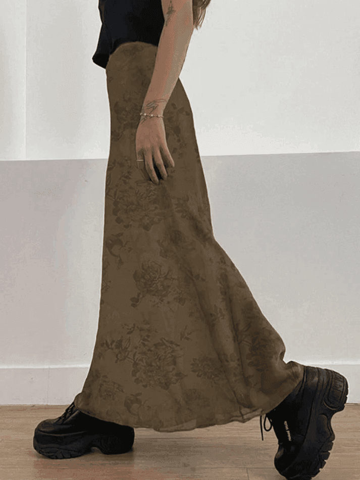 Vintage Mesh Floral Brown Maxi Skirt - AnotherChill