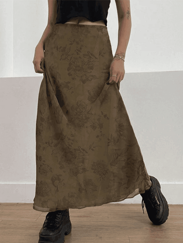 Vintage Mesh Floral Brown Maxi Skirt - AnotherChill