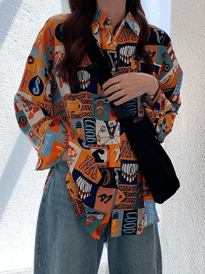 Vintage Mixed Print Long Sleeve Blouse - AnotherChill