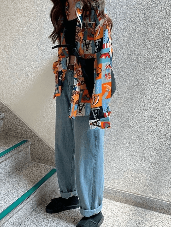 Vintage Mixed Print Long Sleeve Blouse - AnotherChill