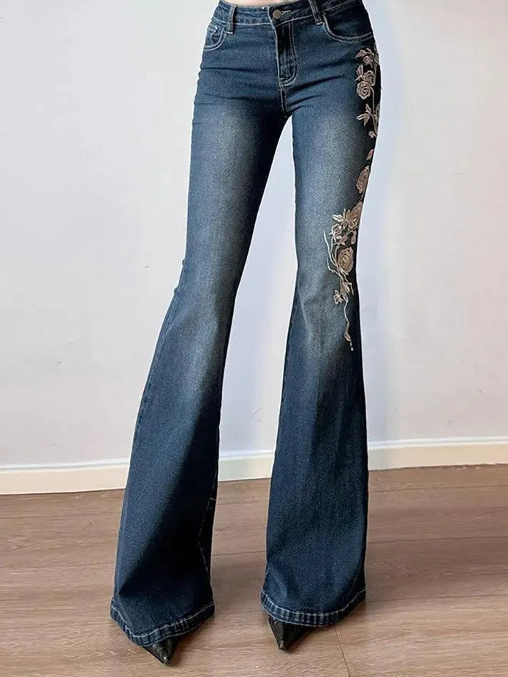 Vintage Rose Embroidery Gradient Flared Jeans - AnotherChill