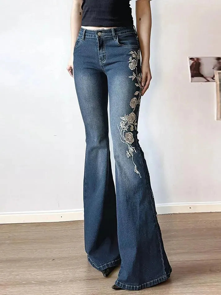 Vintage Rose Embroidery Gradient Flared Jeans - AnotherChill