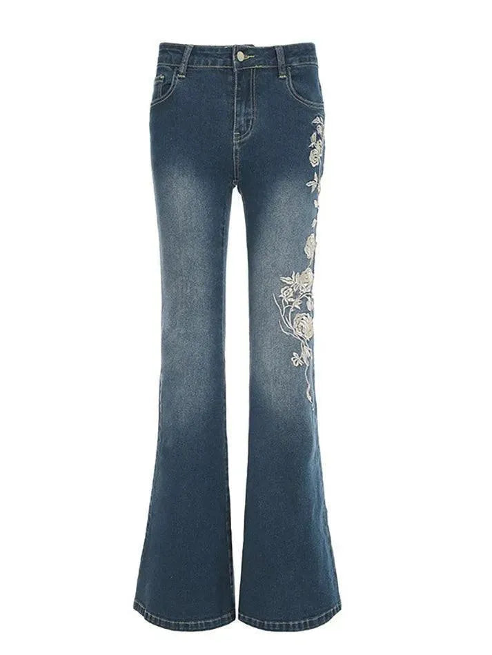 Vintage Rose Embroidery Gradient Flared Jeans - AnotherChill