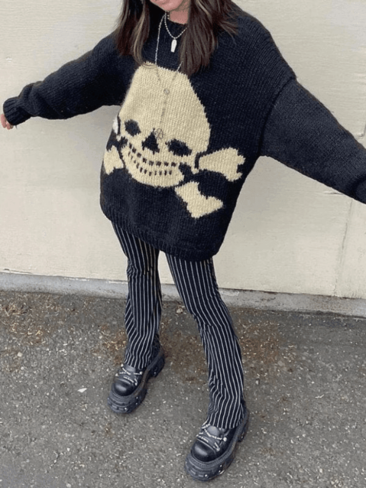 Vintage Skull Jacquard Pullover Sweater - AnotherChill