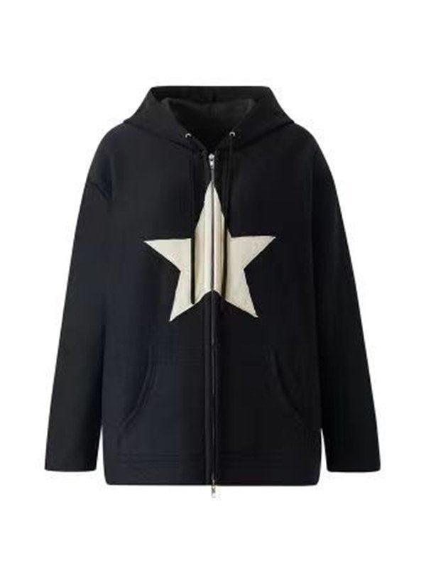 Vintage Star Patch Baggy Zip Up Hoodie - AnotherChill