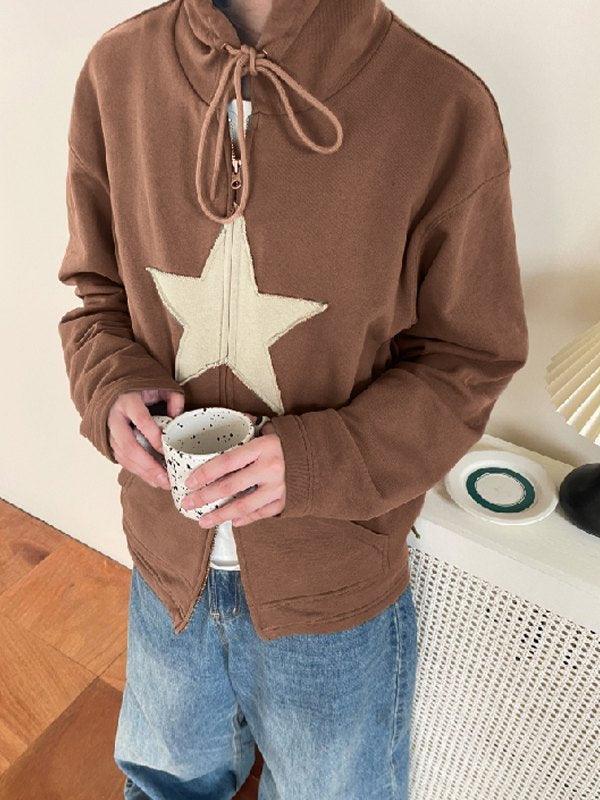 Vintage Star Patch Baggy Zip Up Hoodie - AnotherChill