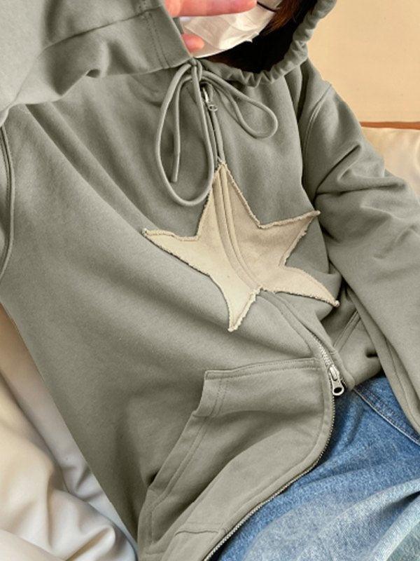 Vintage Star Patch Baggy Zip Up Hoodie - AnotherChill